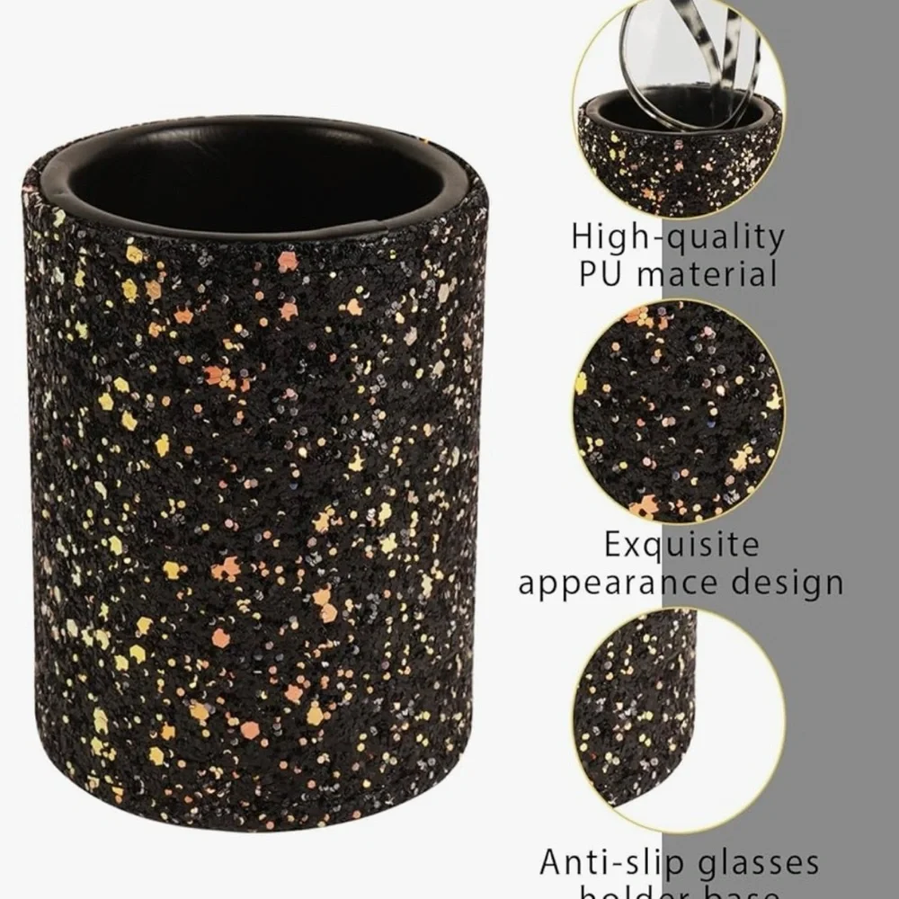 New! 2 Black Glitter PU Leather Holder for Makeup Brushes, Eyeglasses, Pens etc